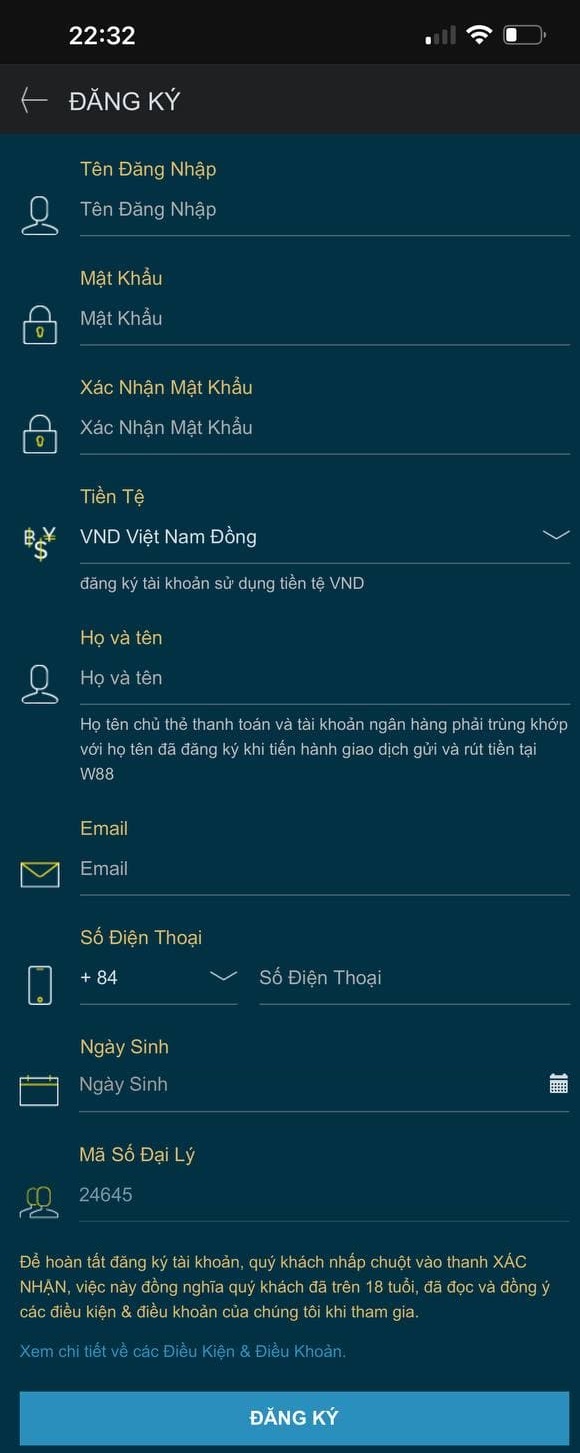 Điền các thông tin đăng ký W88